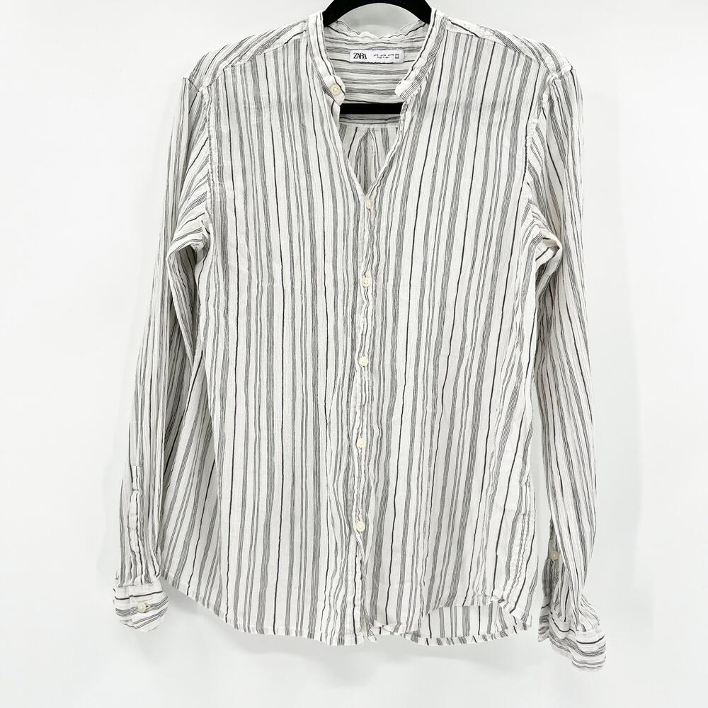 Zara Women's‎ White Black Striped Long Sleeve Button Down Shirt Top Size M